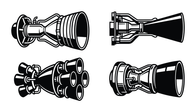 Set of rocket engine vector illustrations. Designs for spacecraft propulsion, black and white, technology.