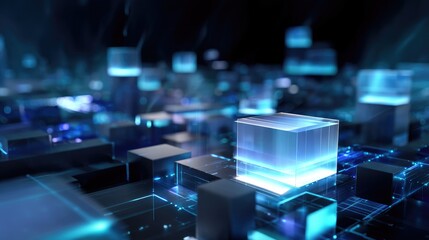 Abstract digital technology landscape with glowing cubic structures and futuristic data flow representation, ideal for tech concepts