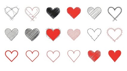 Diverse heart icons with creative textures and outlines for romantic designs backgrounds