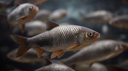 Fototapeta premium A school of fish with shimmering silver scales swims in a murky underwater environment