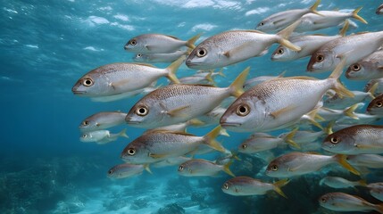 Obraz premium A school of silver fish swims in unison through clear blue ocean water near a coral reef