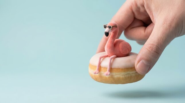 Surreal silly flamingo on a donut studio setting playful food photography whimsical environment hand perspective for fun impact