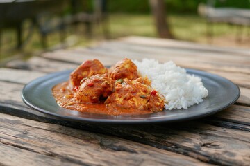 Delicious chicken curry with rice on rustic wooden table