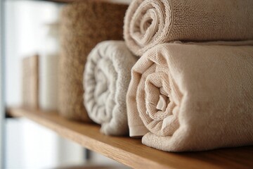 Rolled towels on wooden shelf in modern bathroom setting