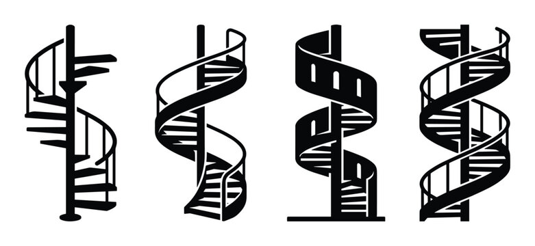 Four different spiral staircase designs in black, vector icons isolated on white.