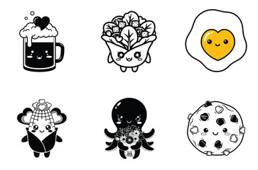 Cute Kawaii Food & Drink Mom Icons Black White Mother's Day Vector Set