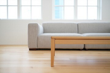 Modern living room with wooden coffee table and gray sofa