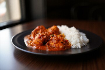 Delicious chicken curry with rice on a black plate