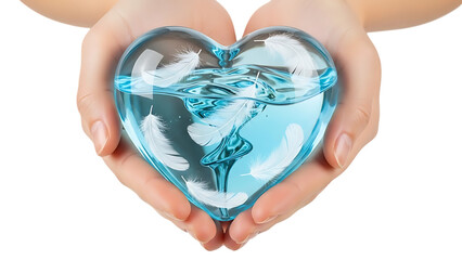 Hands cradling a glowing blue heart isolated on transparent background