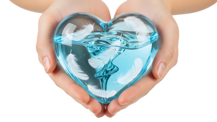 Hands cradling a glowing blue heart isolated on transparent background