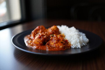 Delicious chicken tikka masala with white rice on black plate