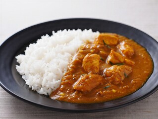 Delicious chicken curry with white rice on a black plate