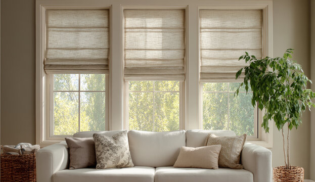 Living room with three beige roman shades on windows and a white sofa adorned with textured pillows, complemented by a green potted plant, creating a cozy and elegant ambiance