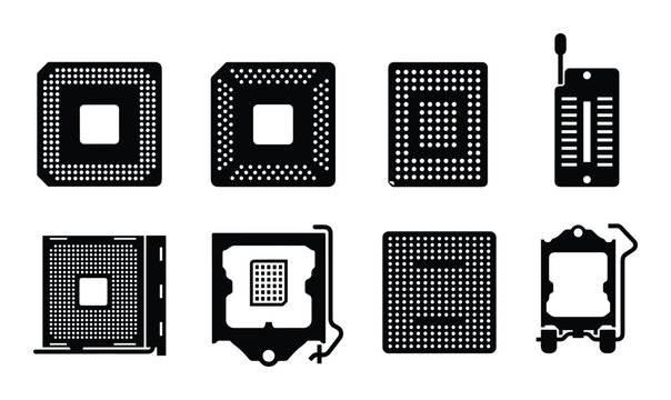 Vector illustration of CPU sockets set for motherboard. Includes various CPU processor interfaces and motherboard components.