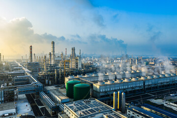 Aerial view of large chemical plant and oil refinery with pipeline equipment in industrial area