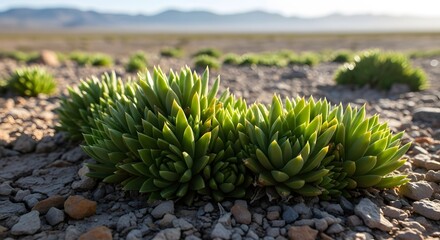 Low-growing succulent plants thriving in a rocky desert landscape with distant hills under a clear sky