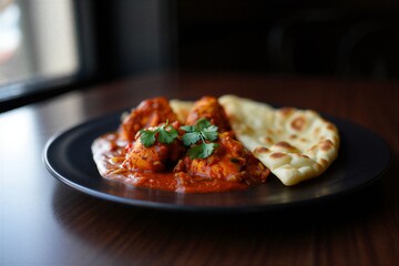 Delicious chicken tikka masala with naan bread on plate