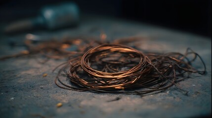 A tangled pile of copper wire sits on a dusty textured industrial surface with a blurred tool in the background