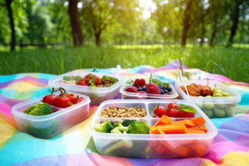 Healthy food in containers on colorful picnic blanket outdoors
