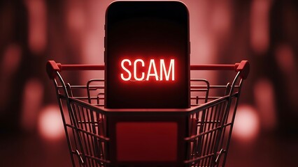 Smartphone with SCAM text in shopping cart, symbolizing online fraud and digital deception.