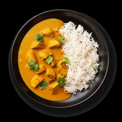 Delicious chicken curry with rice in a black bowl