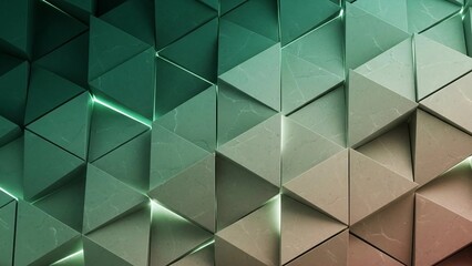 Abstract 3D geometric triangles background with glowing green neon light