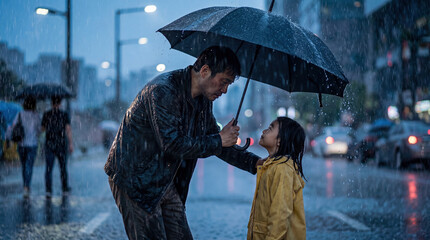 Man holding umbrella over little girl in heavy rain, getting wet himself. Biblical concept of sacrificial love, protection and kindness from 1 Corinthians 13. Selfless father figure caring for child.