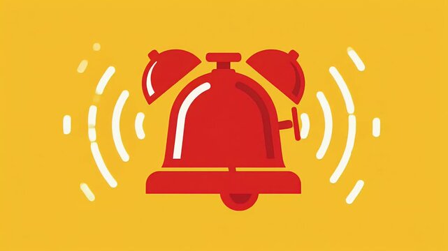 Red fire alarm bell ringing with vibration lines, flat design icon, close-up