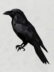 Obraz premium Black Polygonal Raven in Low-Poly Style on Gray Background