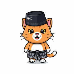 Obraz premium Cartoon Cat Wearing Traditional Hat and Clothes.