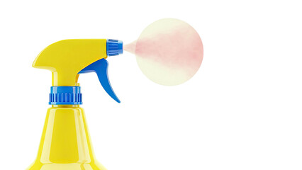 Yellow and blue spray bottle releasing pink mist