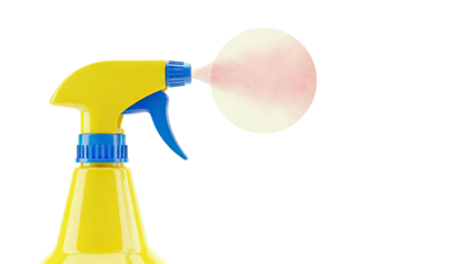 Yellow and blue spray bottle releasing pink mist