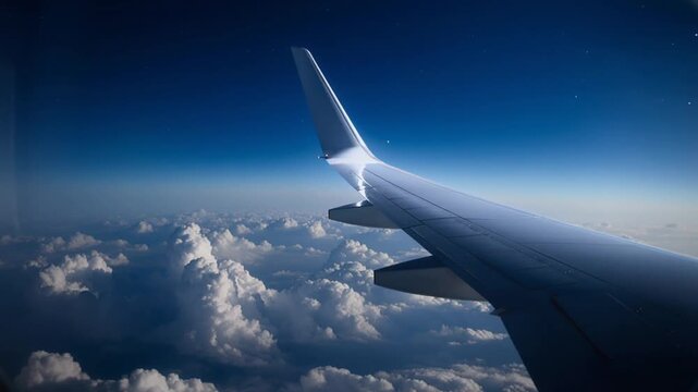 High altitude view of aircraft wing and winglet against deep blue sky and thick cloud layers, cinematic aerial perspective from passenger cabin, international flight journey and aerospace concept.