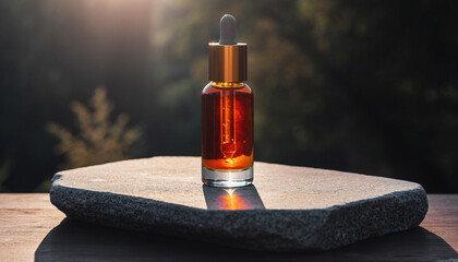 A close-up shot of a small glass dropper bottle filled with amber liquid, possibly essential oil or serum, standing on a textured stone slab in soft natural light with a blurred green background.