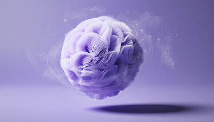 Abstract purple furry sphere with glowing particles and ethereal wisps orbiting on a matching lavender background, creating a serene and mystical visual design.