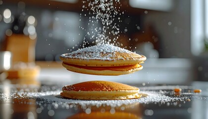 Pancakes levitating with powdered sugar falling, dynamic breakfast scene on a kitchen counter.