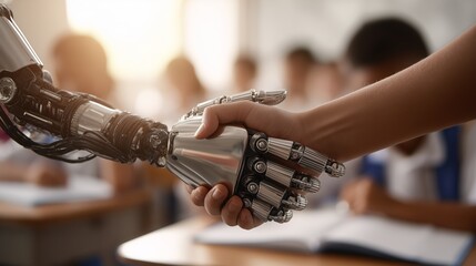 Teacher and robot handshake over open notebook in classroom, symbolizing AI education, trust, and modern learning collaboration