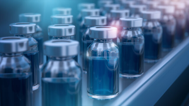 Blue Vaccine bottles on Production Line, Medicine and science concept, 3D rendering