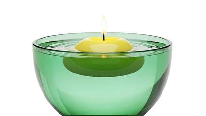 Yellow floating candle in green glass bowl with water