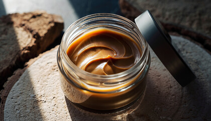 Delicious creamy dulce de leche or caramel spread in a clear glass jar with a metallic lid, artfully swirled, resting on rustic wooden slices bathed in sunlight, perfect for desserts and pastries.