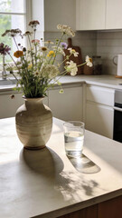 Sunlit modern kitchen with wildflower bouquet in ceramic vase and glass of water casting soft shadows on countertop
