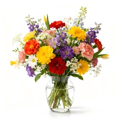 Fototapeta premium Vibrant bouquet of colorful flowers in clear glass vase on white background