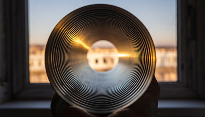 Abstract view through a corrugated metal pipe or tube towards a blurred window with warm sunset light, creating a unique perspective and optical effect.
