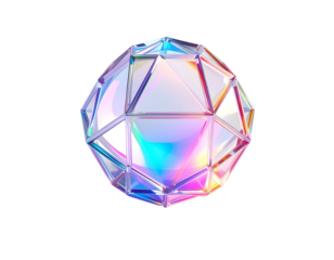 A faceted, iridescent sphere floating against a stark black background