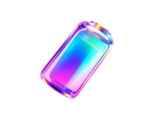A translucent, glowing, colorful, rectangular object on black background