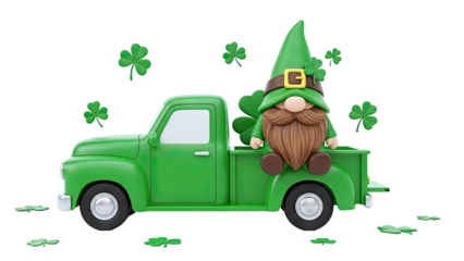 Leprechaun Riding Green Truck with Shamrocks