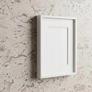 Side view of empty white picture frame mockup hanging on beige textured concrete wall, grunge stucco background for art display or gallery presentation.