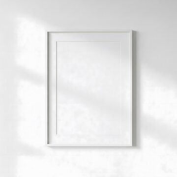 Minimalist empty white picture frame mockup hanging on white wall with aesthetic window sunlight shadow overlay, modern home decor presentation template.
