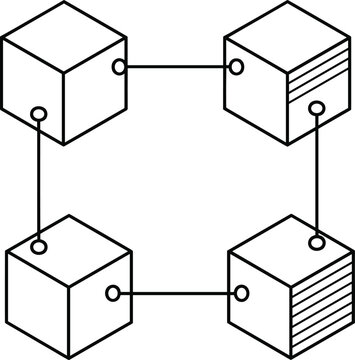 Simple blockchain network illustration showing connected data blocks in clean geometric line art style for technology and digital concepts