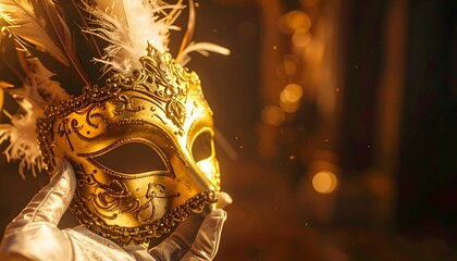 Golden Ornate Masquerade Mask with White Feathers, Held by a Gloved Hand. Elegant Carnival Accessory Against Shimmering Bokeh Background.